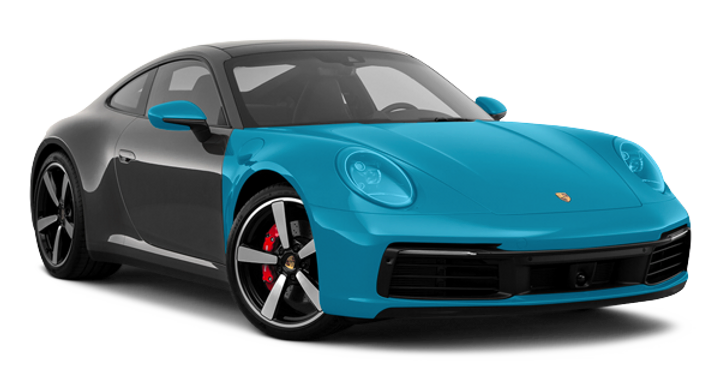 A Porsche 911 with a half-blue, half-black vinyl wrap design for customization.