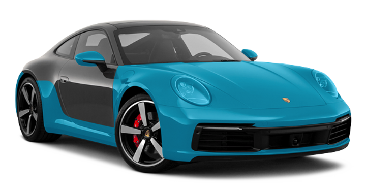 A Porsche 911 with a half-blue, half-black vinyl wrap design for customization.