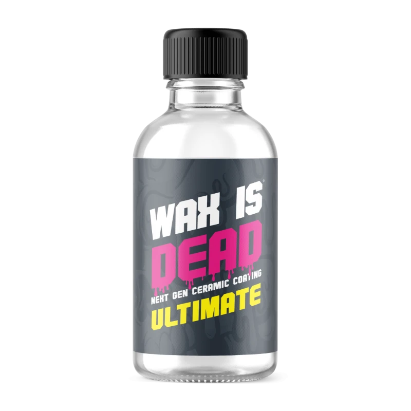 A bottle of "Wax Is Dead Ultimate" next-gen ceramic coating on a black background.