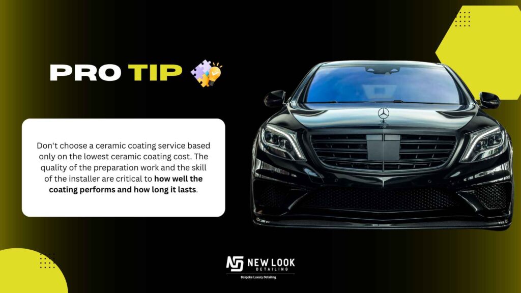 Ceramic coating pro tip displayed with a luxury black Mercedes, emphasizing quality over low ceramic coating cost.